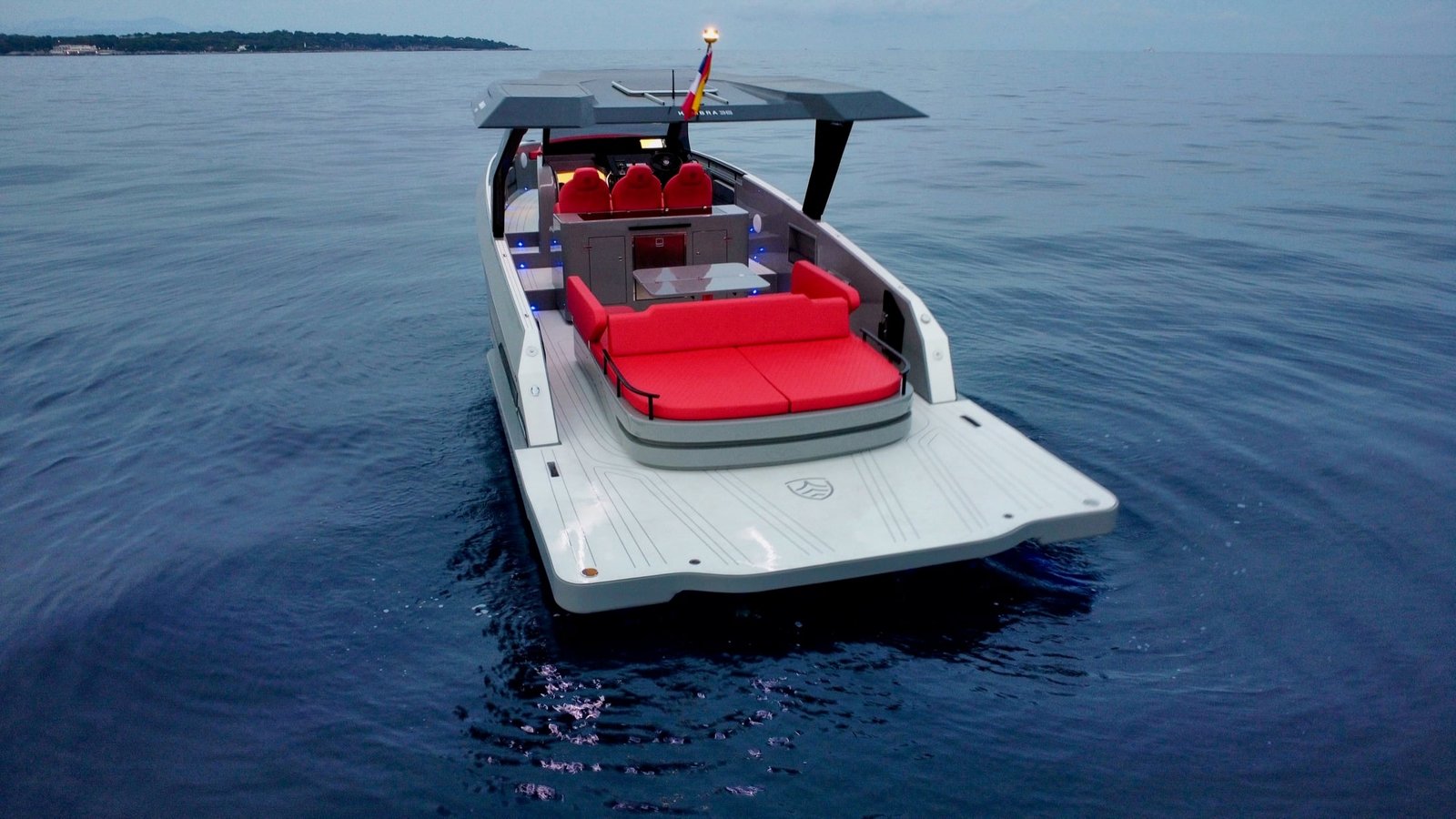 Aerial stern view showing the full Kumbra 36 deck arrangement