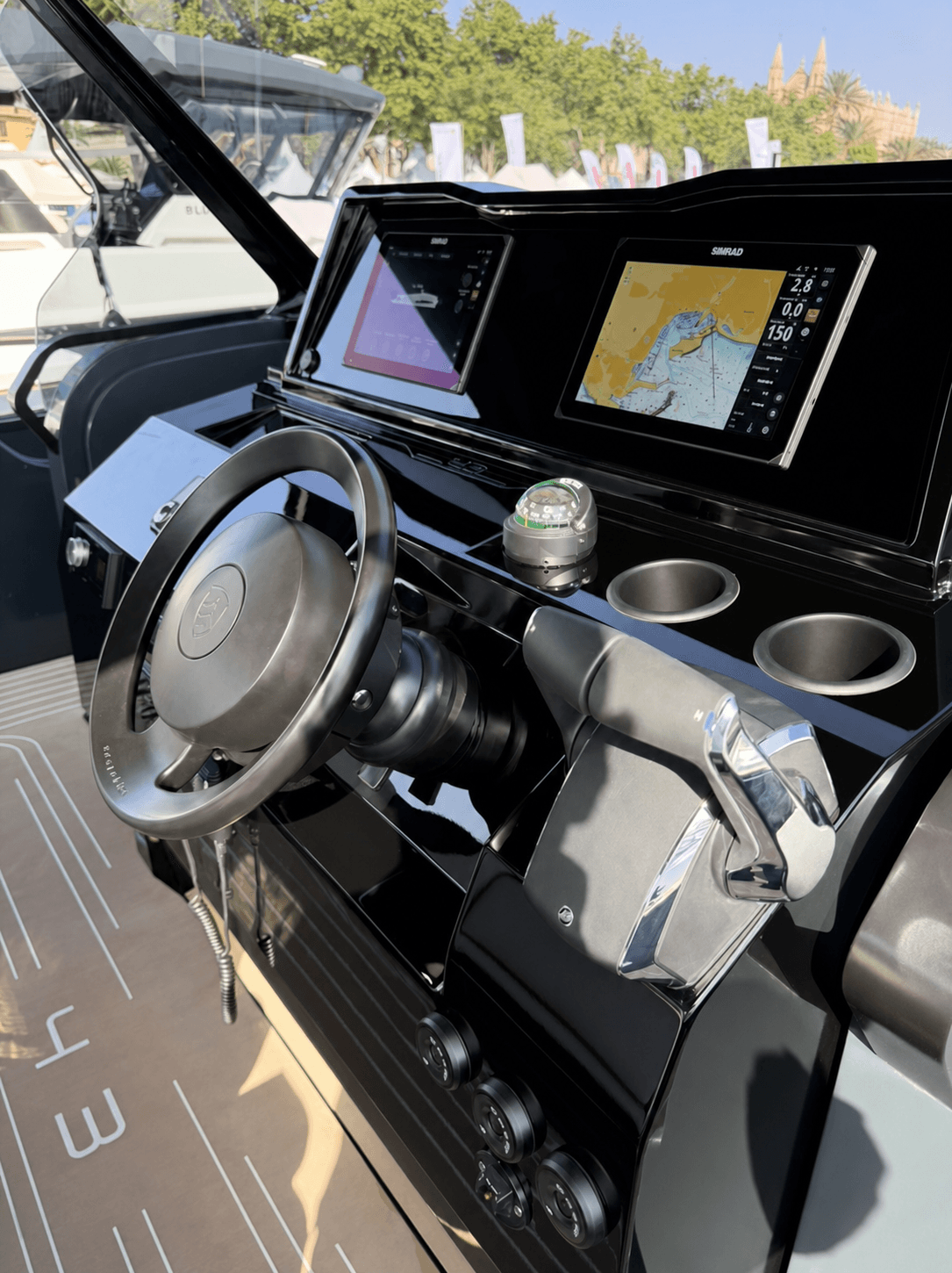 Cleaned Kumbra 43 helm console with twin navigation displays